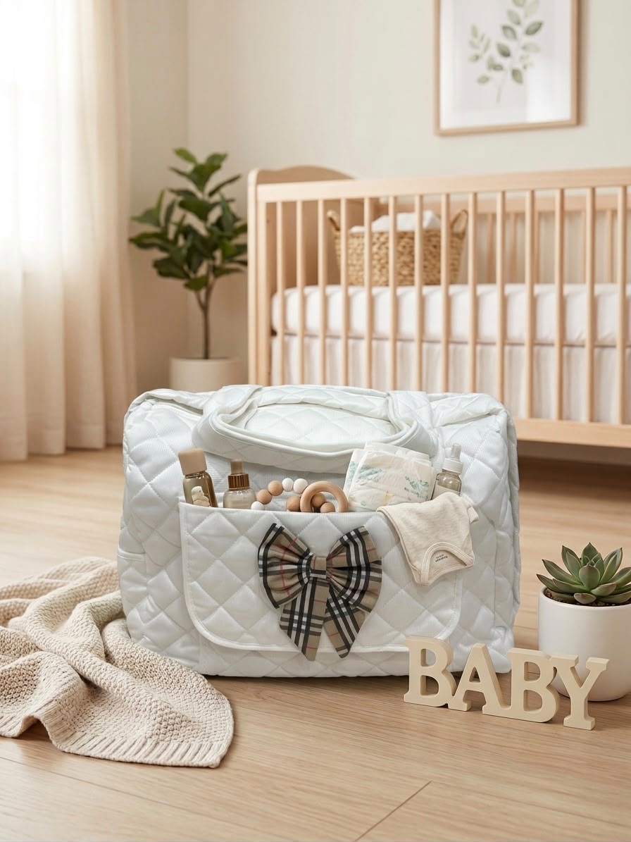 Borsa Fasciatoio Fiocco Ornella Trapuntata – Verde, Avio e Panna | Borsa Mamma e Neonato