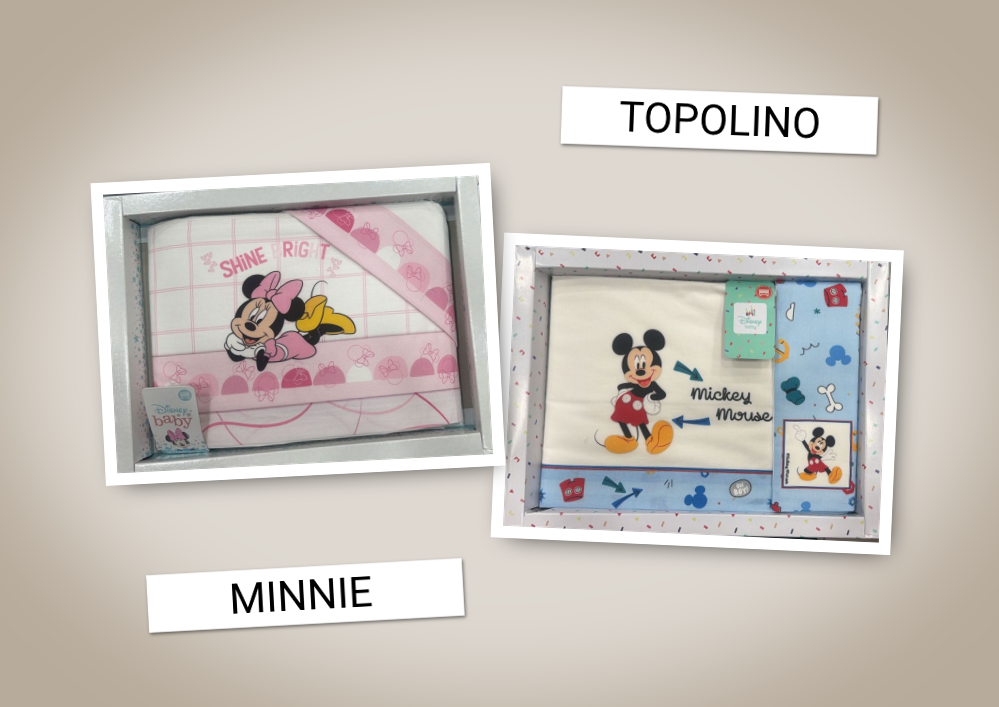 Completo Lenzuola Lettino Disney Baby Topolino e Minnie 100% Cotone 3 Pezzi