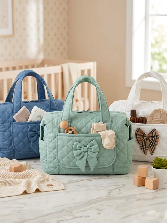 Borsa Fiocco Ornella Trapuntata – Verde, Avio e Panna | Borsa Mamma e Neonato